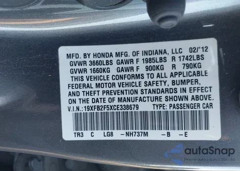 2012 Honda Civic Lx from USA, damaged, VIN 19XFB2F5XCE338679